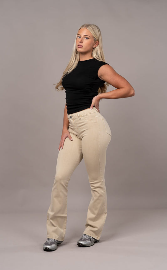 Womens Pastel Flared Mid Waisted Fitjeans - Sand