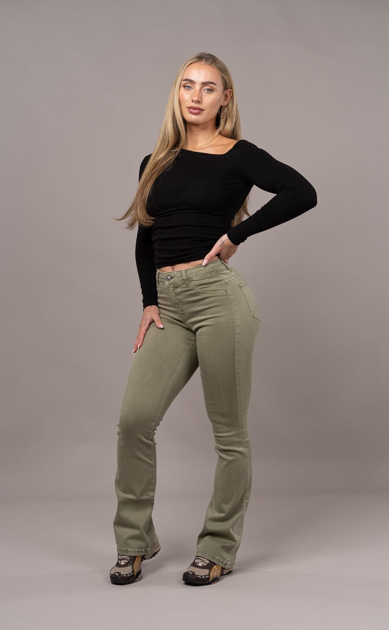 Womens Pastel Flared Mid Waisted Fitjeans - Khaki