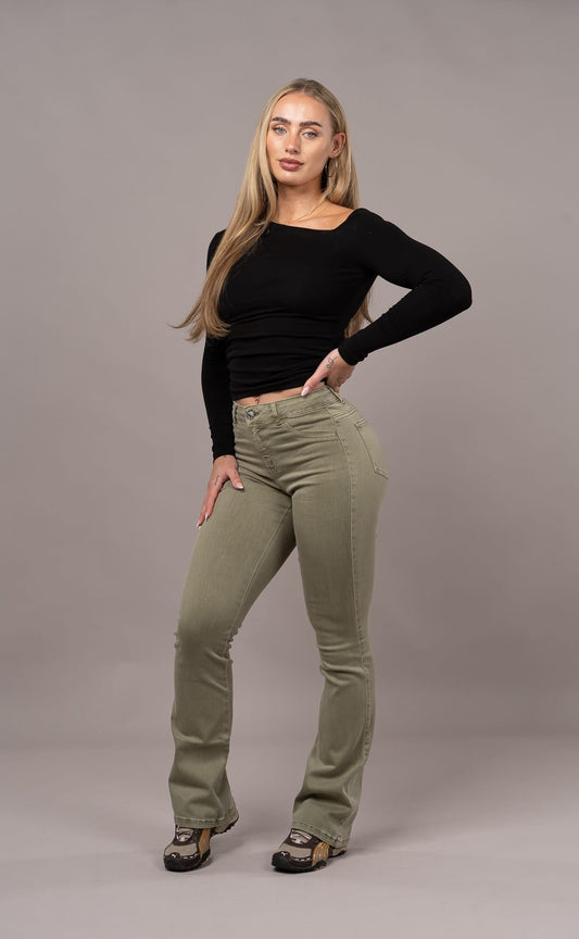 Womens Pastel Flared Mid Waisted Fitjeans - Khaki