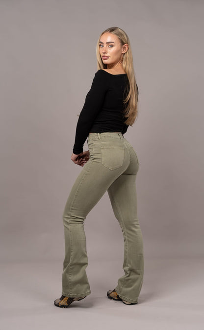 Womens Pastel Flared Mid Waisted Fitjeans - Khaki