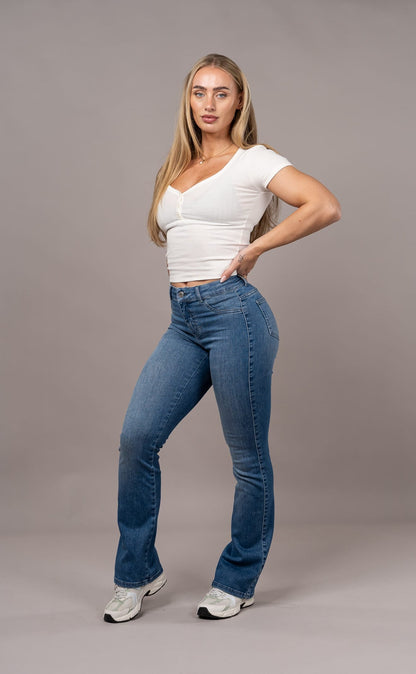 Womens Flared Mid Waisted Fitjeans - Azure Blue