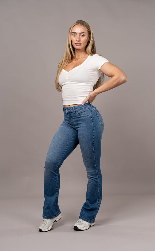 Womens Flared Mid Waisted Fitjeans - Azure Blue