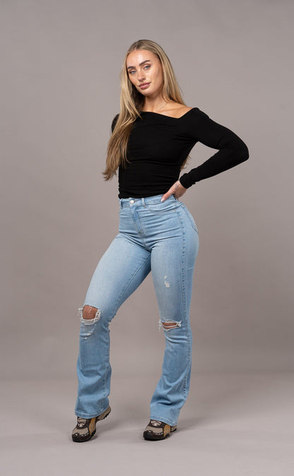 Womens Flared Ripped Fitjeans - Arctic Light Blue