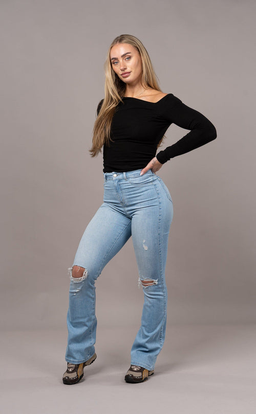 Womens Flared Ripped Fitjeans - Arctic Light Blue
