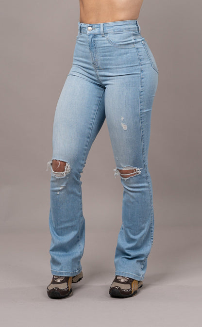 Womens Flared Ripped Fitjeans - Arctic Light Blue