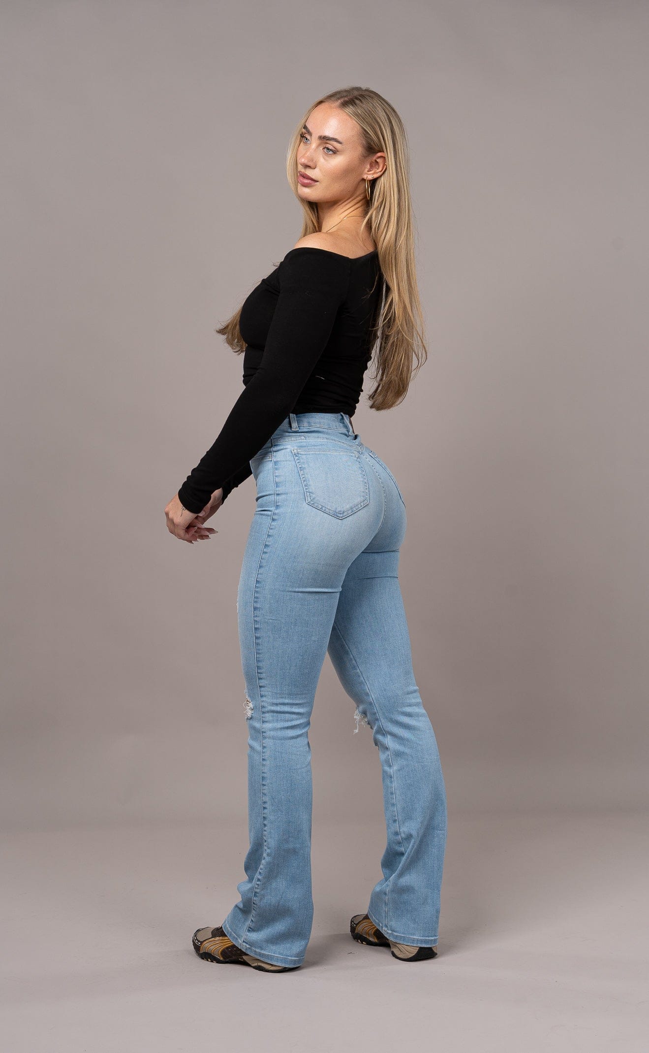 Womens Flared Ripped Fitjeans - Arctic Light Blue