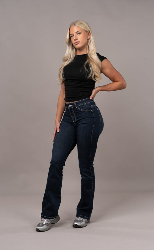Womens Flared Mid Waisted Fitjeans - Night Blue