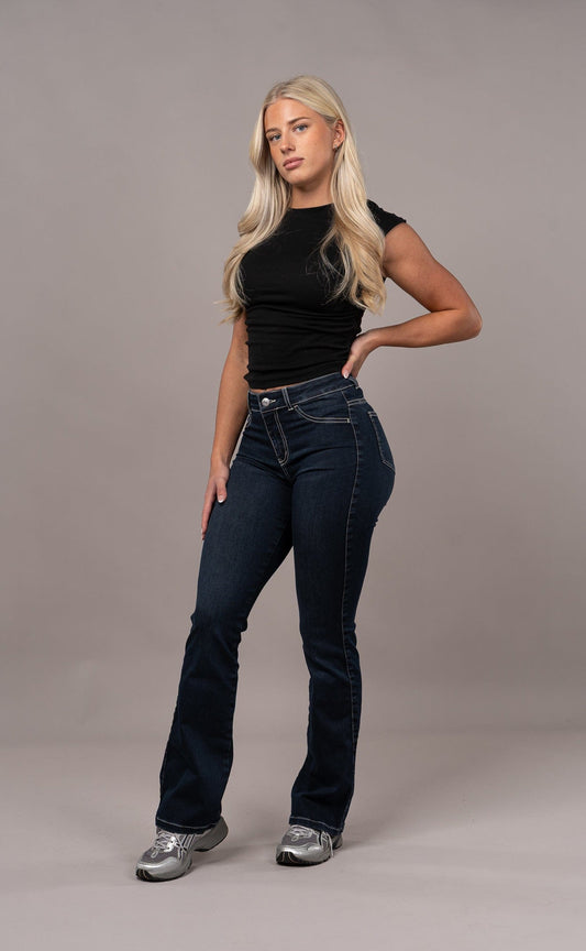 Womens Flared Mid Waisted Fitjeans - Night Blue