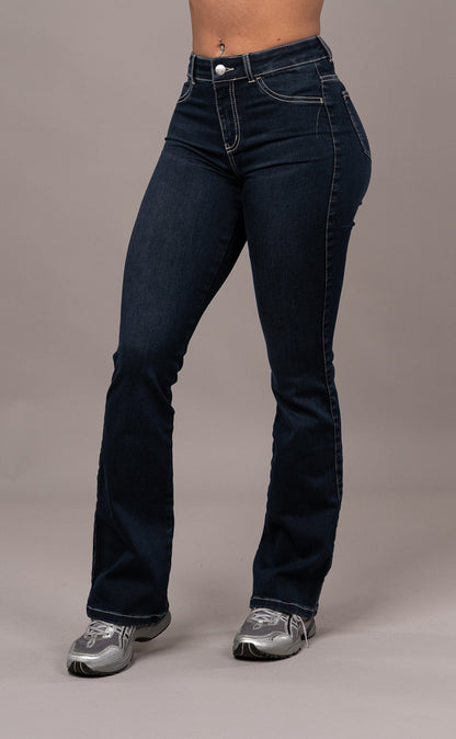 Womens Flared Mid Waisted Fitjeans - Night Blue