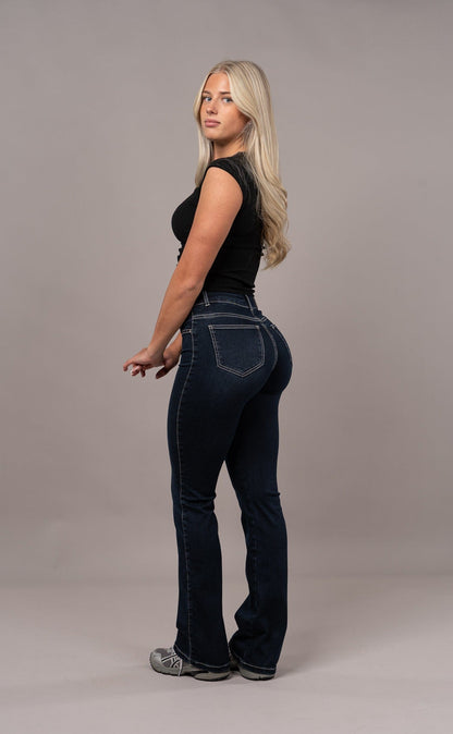 Womens Flared Mid Waisted Fitjeans - Night Blue