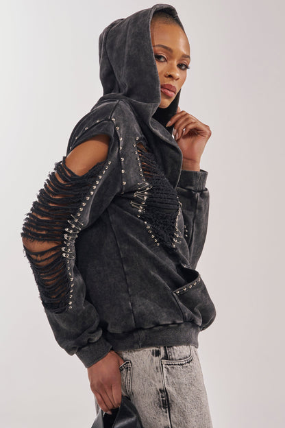ALL TORN UP DISTRESSED OFF THE SHOULDER SWEATSHIRT