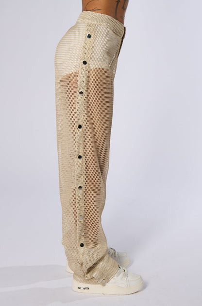 ALL THAT MESH WIDE LEG SNAP PANTS IN BEIGE