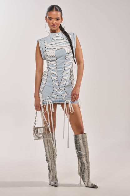 ALL ABOUT IT LACE UP MINI DRESS IN LIGHT BLUE DENIM