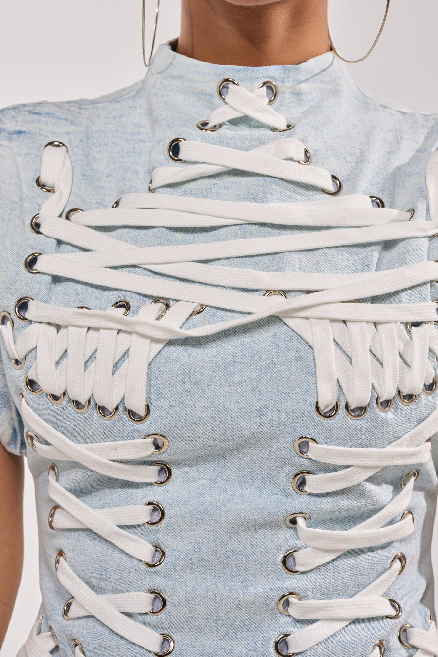 ALL ABOUT IT LACE UP MINI DRESS IN LIGHT BLUE DENIM