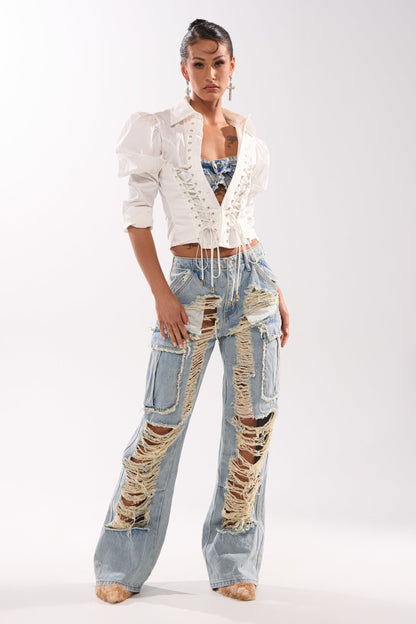 ALMA DISTRESSED DENIM CARGO PANTS