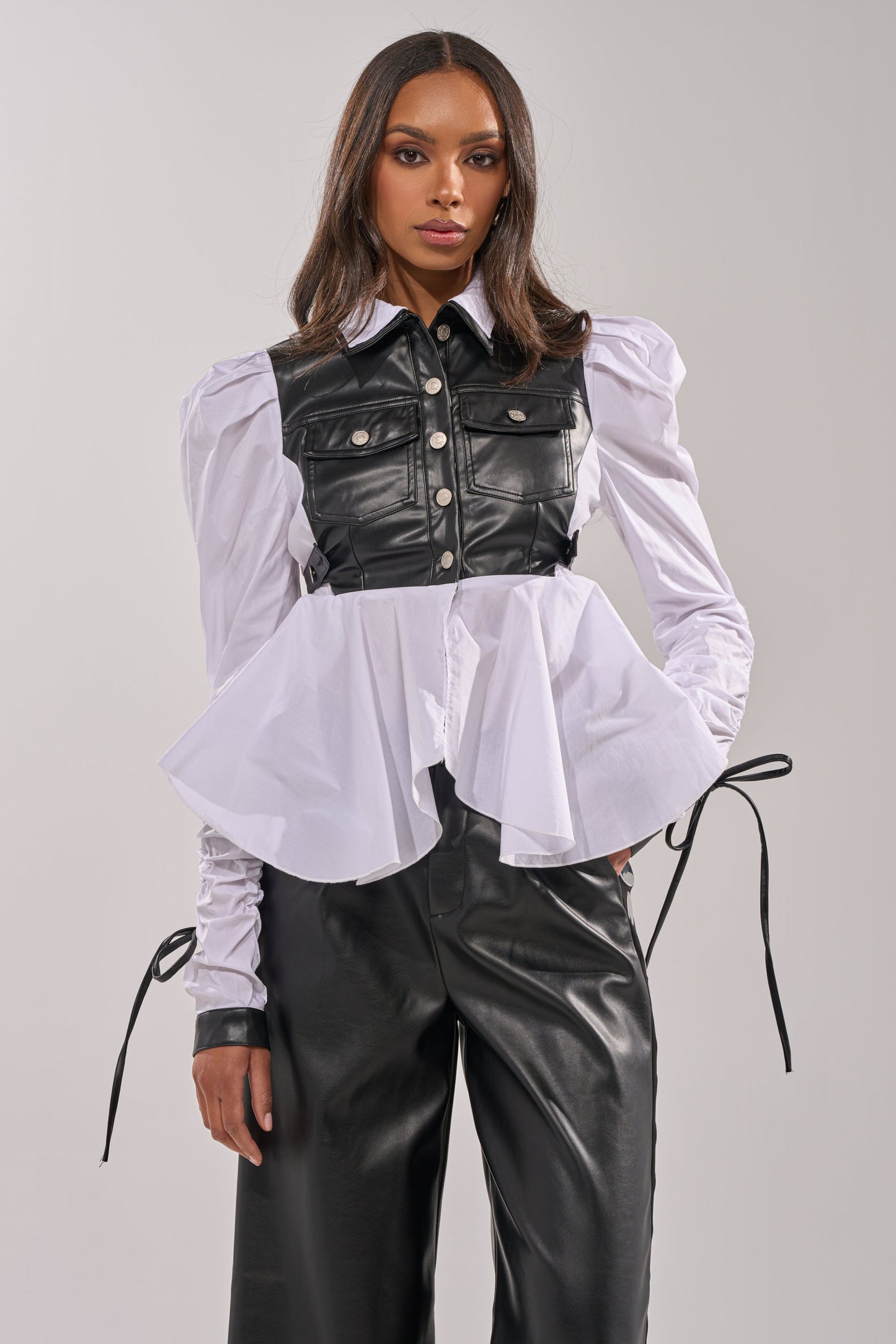 ALWAYS FABULOUS FAUX LEATHER DETAIL BUTTON DOWN BLOUSE