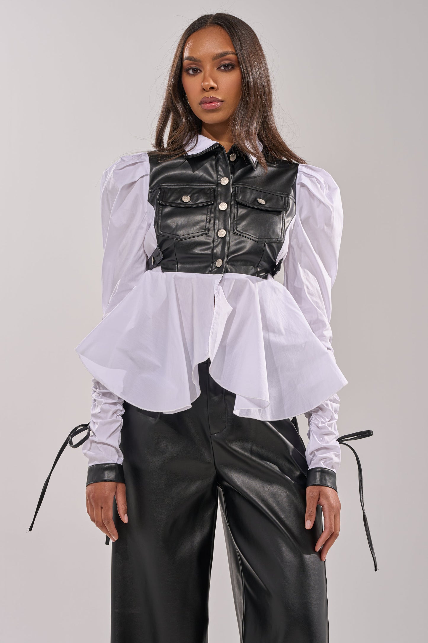 ALWAYS FABULOUS FAUX LEATHER DETAIL BUTTON DOWN BLOUSE