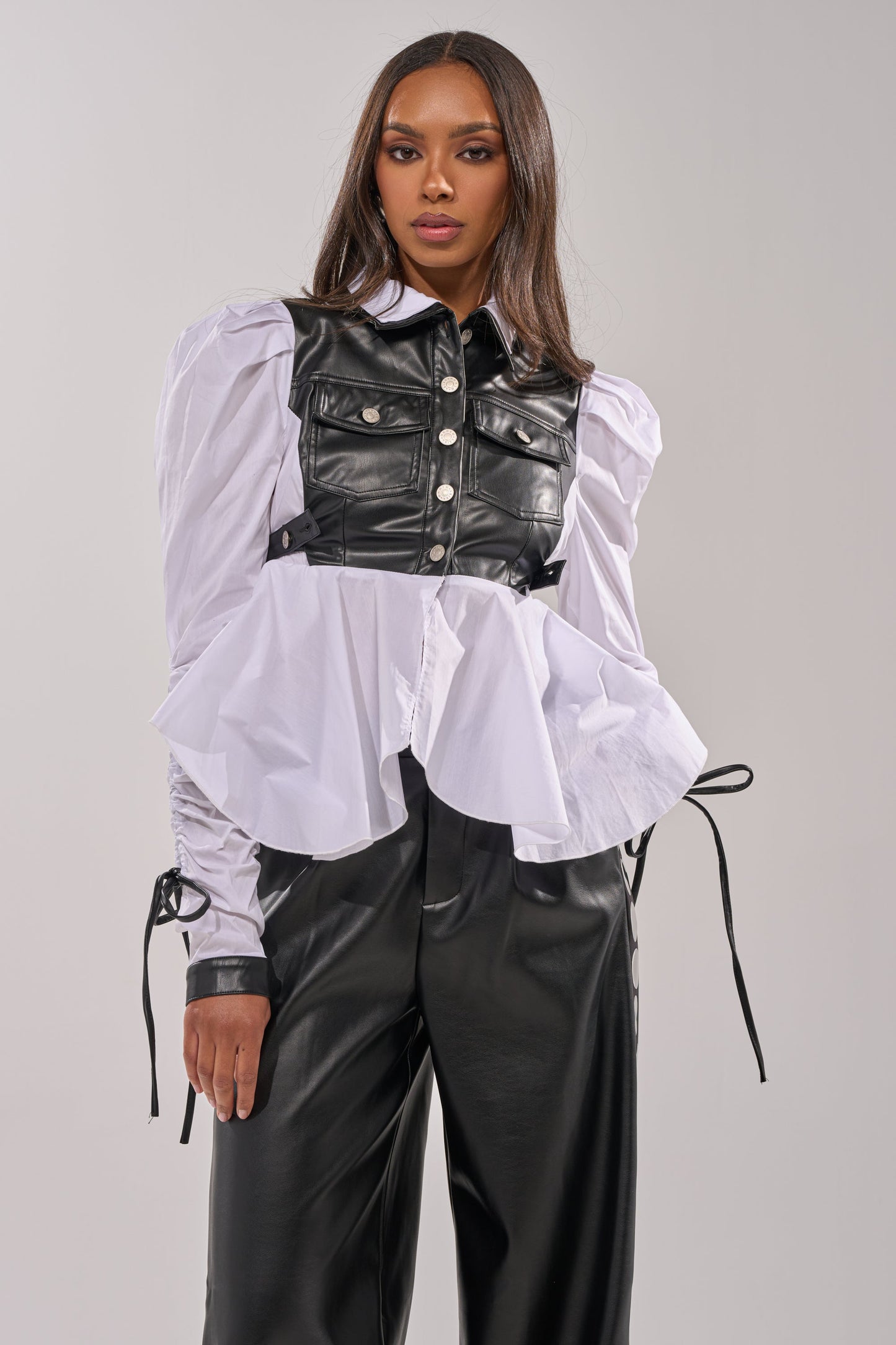 ALWAYS FABULOUS FAUX LEATHER DETAIL BUTTON DOWN BLOUSE