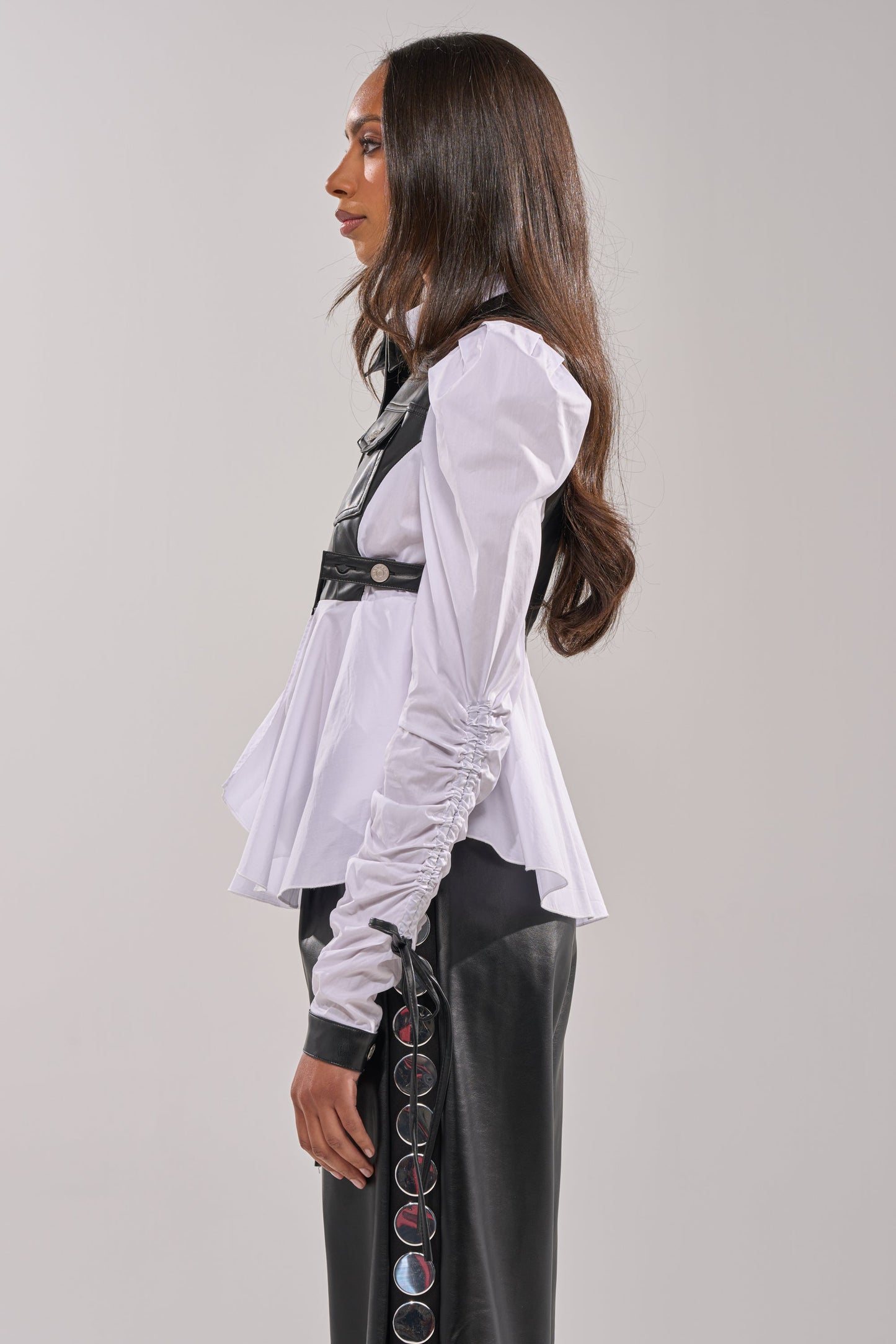 ALWAYS FABULOUS FAUX LEATHER DETAIL BUTTON DOWN BLOUSE