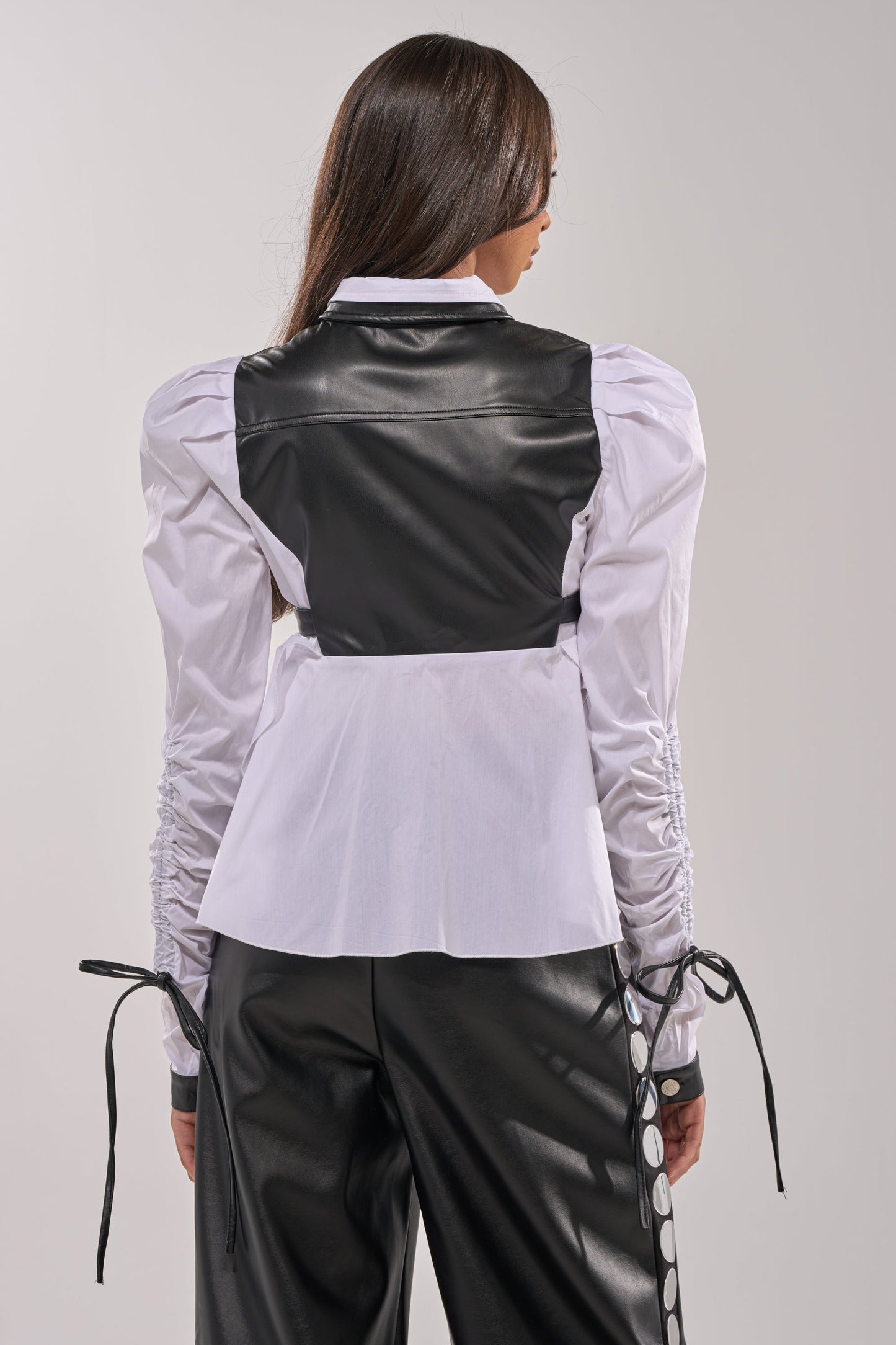ALWAYS FABULOUS FAUX LEATHER DETAIL BUTTON DOWN BLOUSE