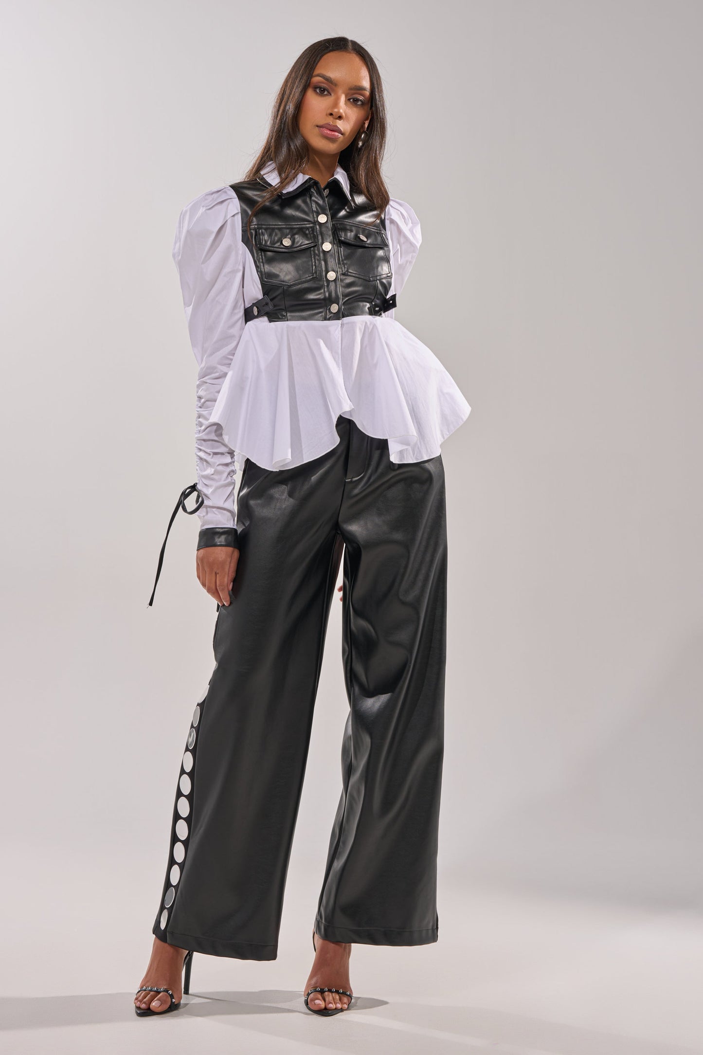 ALWAYS FABULOUS FAUX LEATHER DETAIL BUTTON DOWN BLOUSE