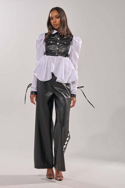 ALWAYS FABULOUS FAUX LEATHER DETAIL BUTTON DOWN BLOUSE