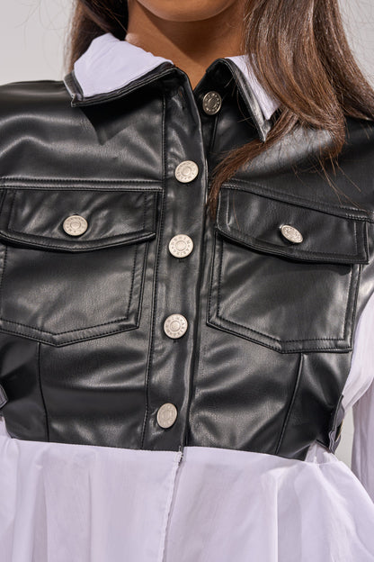ALWAYS FABULOUS FAUX LEATHER DETAIL BUTTON DOWN BLOUSE