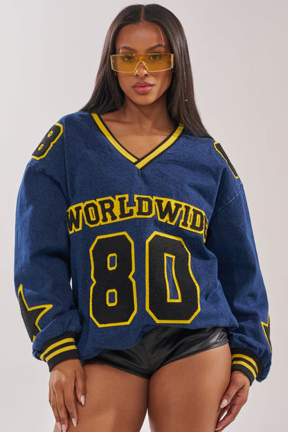 ALL AROUND THE WORLD DENIM SWEATSHIRT IN DARK BLUE