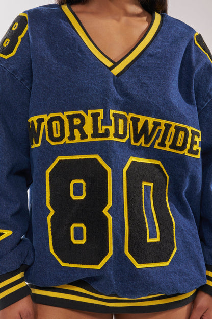 ALL AROUND THE WORLD DENIM SWEATSHIRT IN DARK BLUE