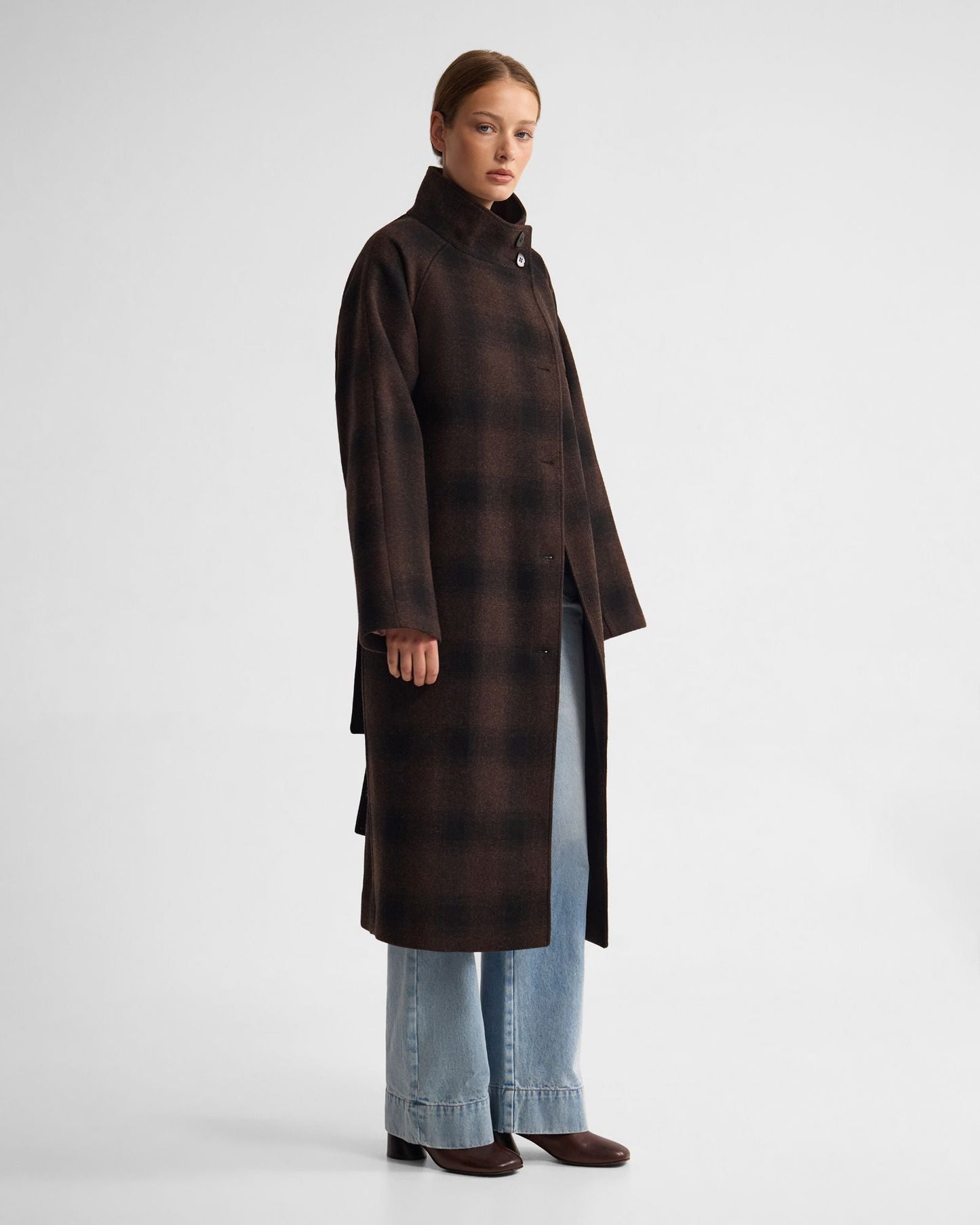 Edi Check Funnel Collar Wool Coat