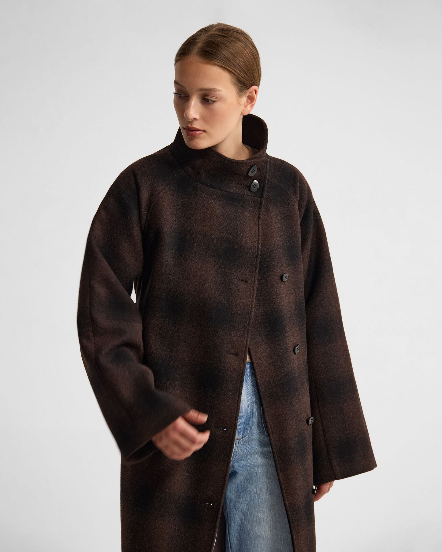 Edi Check Funnel Collar Wool Coat