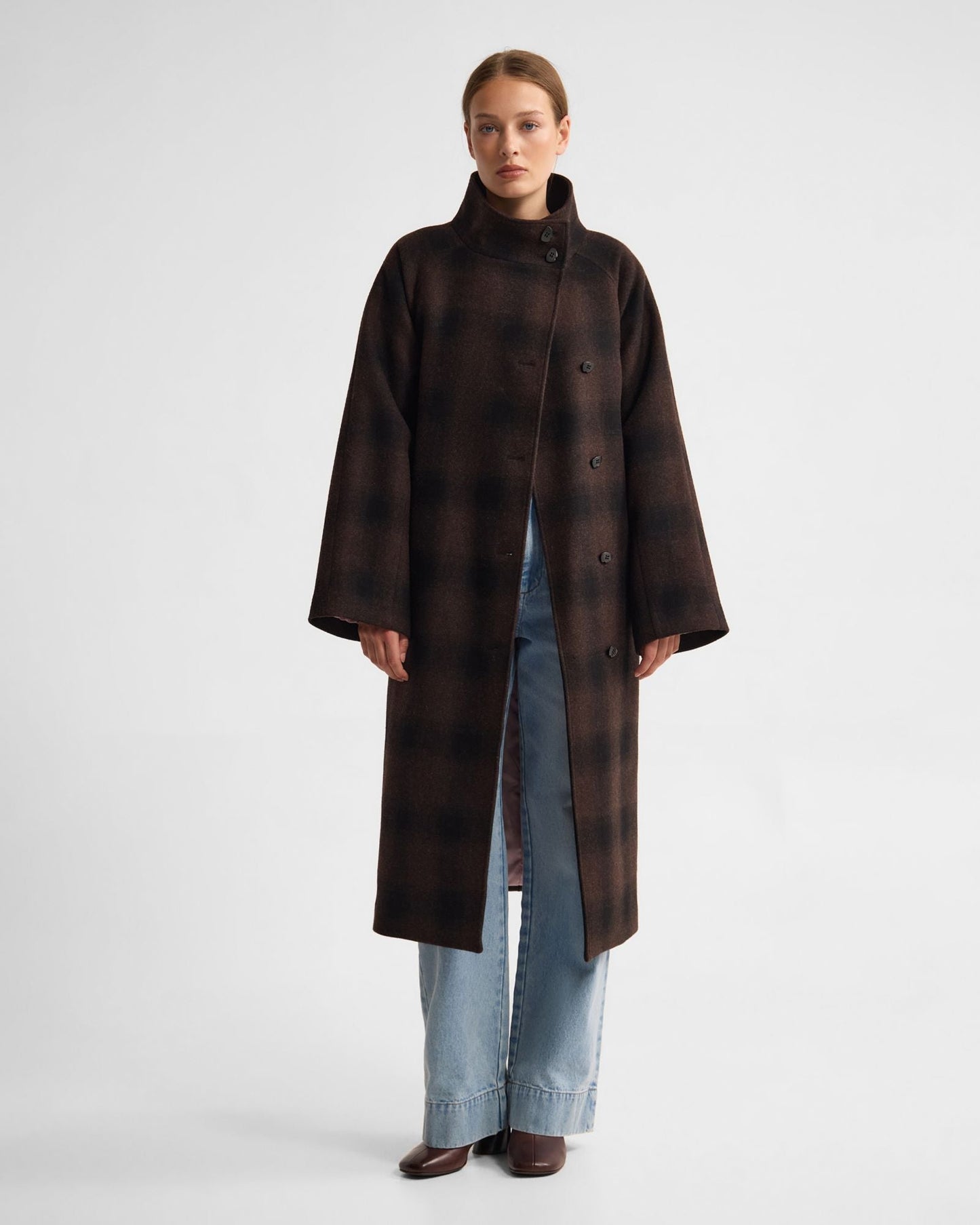 Edi Check Funnel Collar Wool Coat