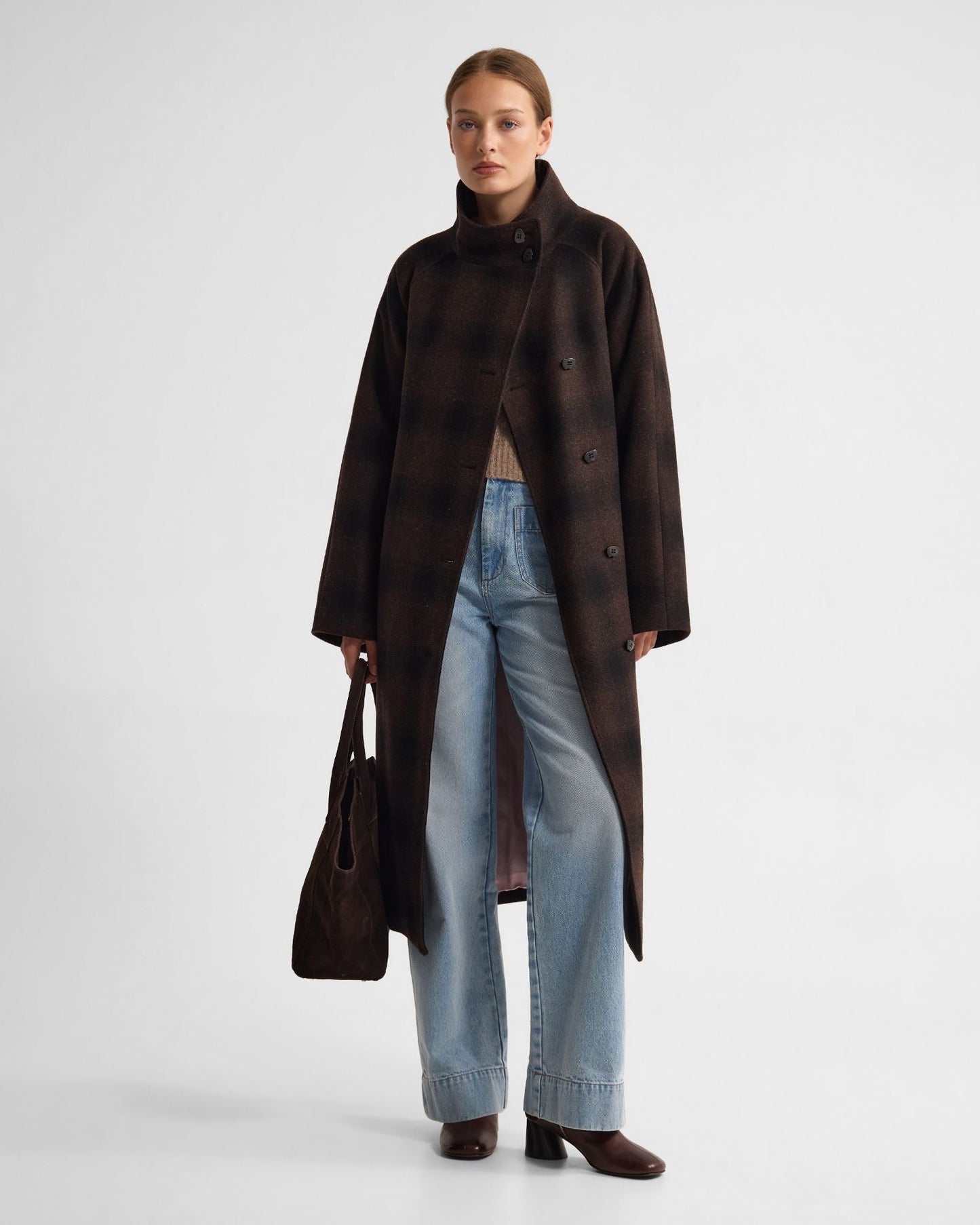 Edi Check Funnel Collar Wool Coat