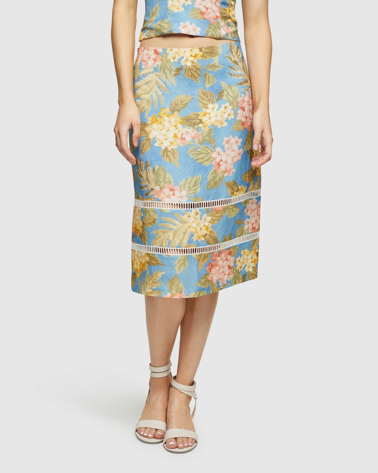 Rose Tropical Print Linen Skirt