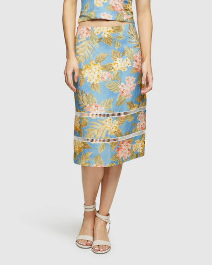 Rose Tropical Print Linen Skirt