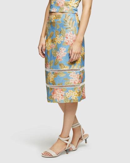 Rose Tropical Print Linen Skirt