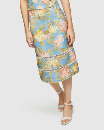 Rose Tropical Print Linen Skirt