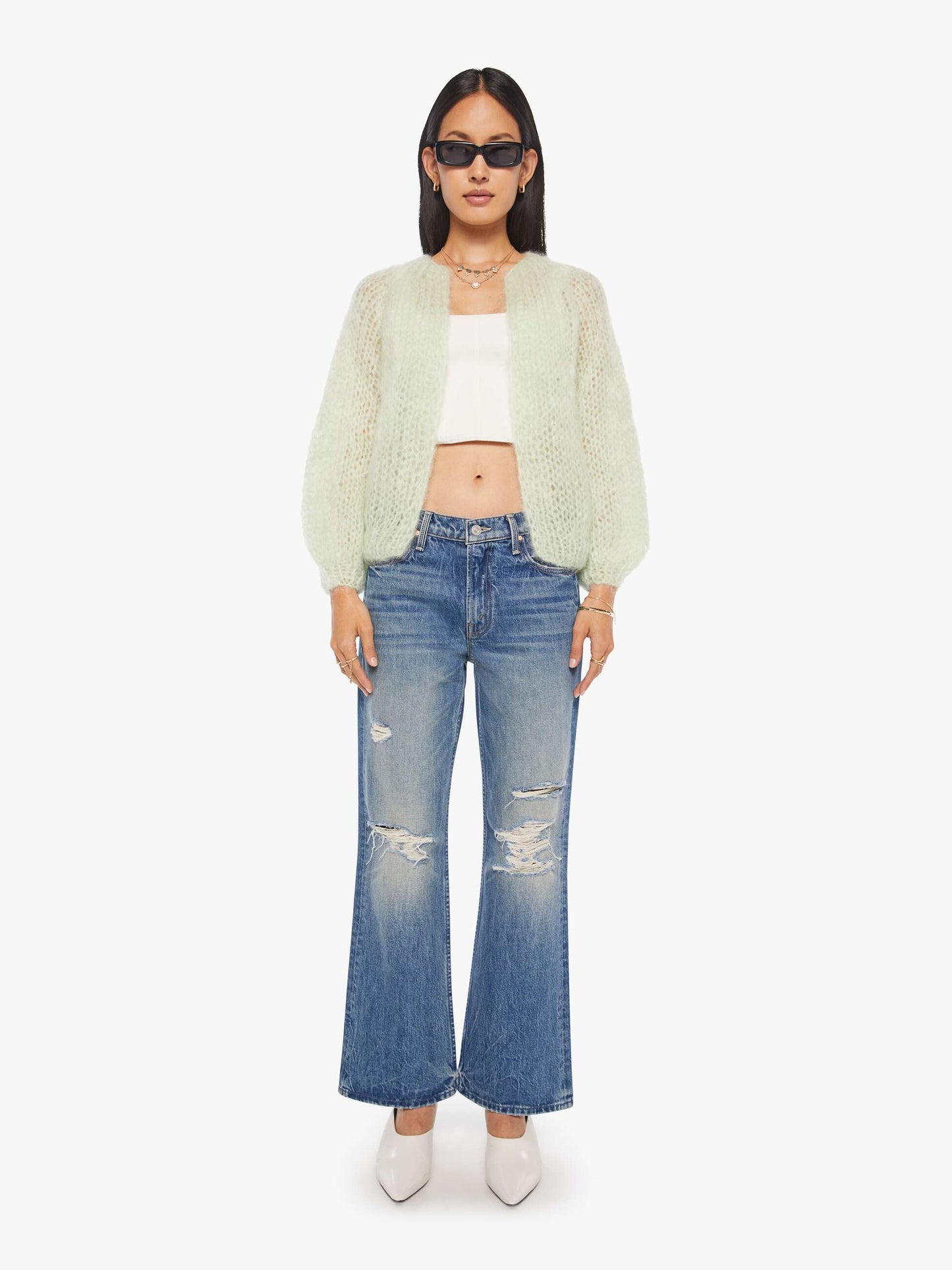 Maiami Mohair Puffy Sleeve Small Cardigan - Water Green