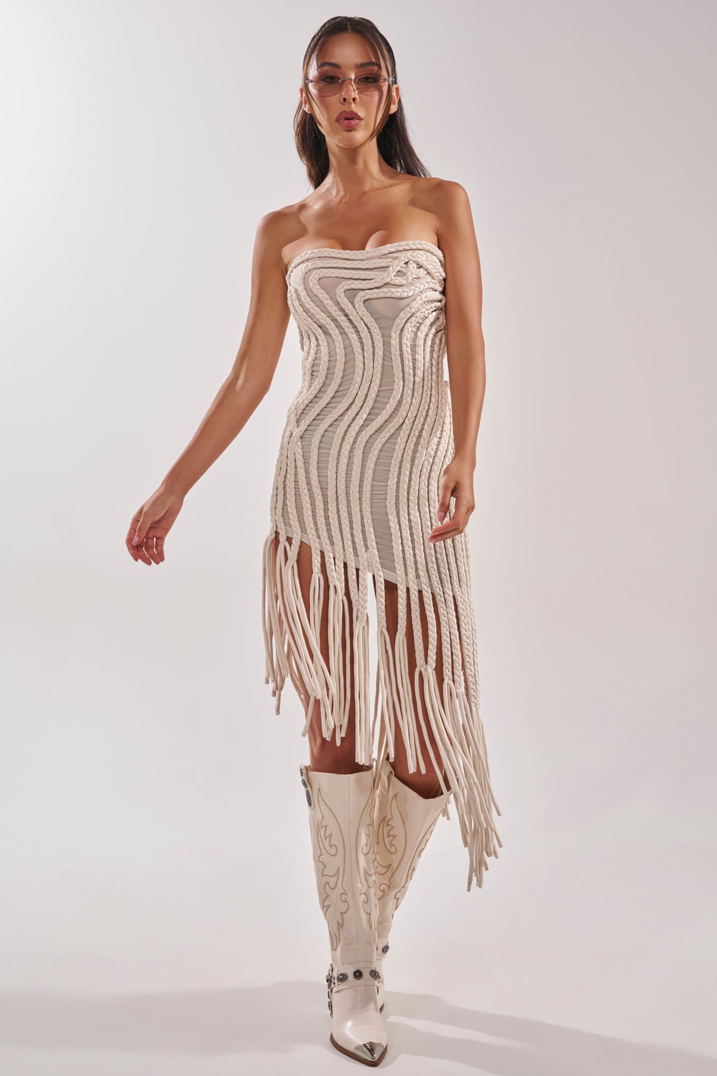 ALL OVER THE PLACE BRAIDED MIDI DRESS IN IVORY