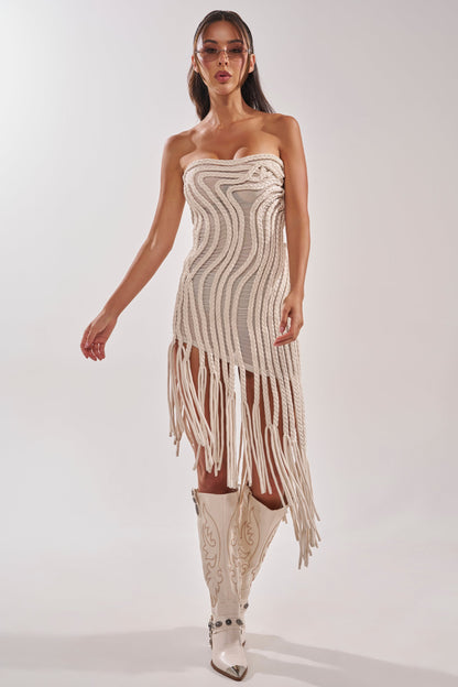 ALL OVER THE PLACE BRAIDED MIDI DRESS IN IVORY