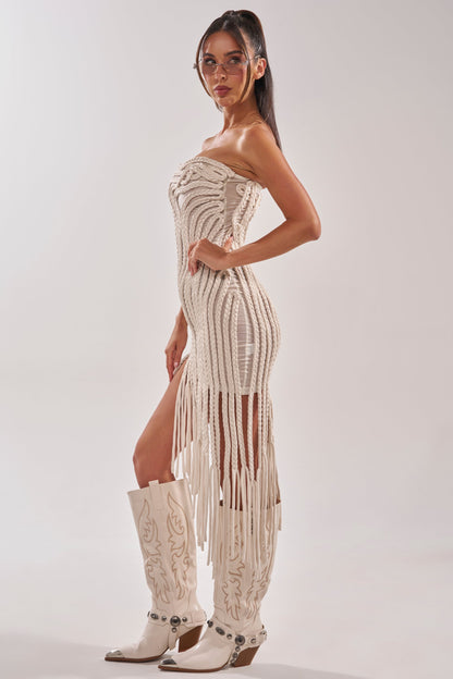 ALL OVER THE PLACE BRAIDED MIDI DRESS IN IVORY