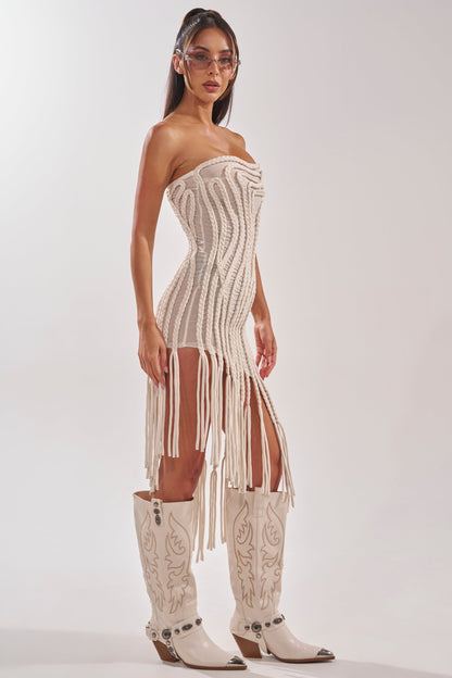 ALL OVER THE PLACE BRAIDED MIDI DRESS IN IVORY