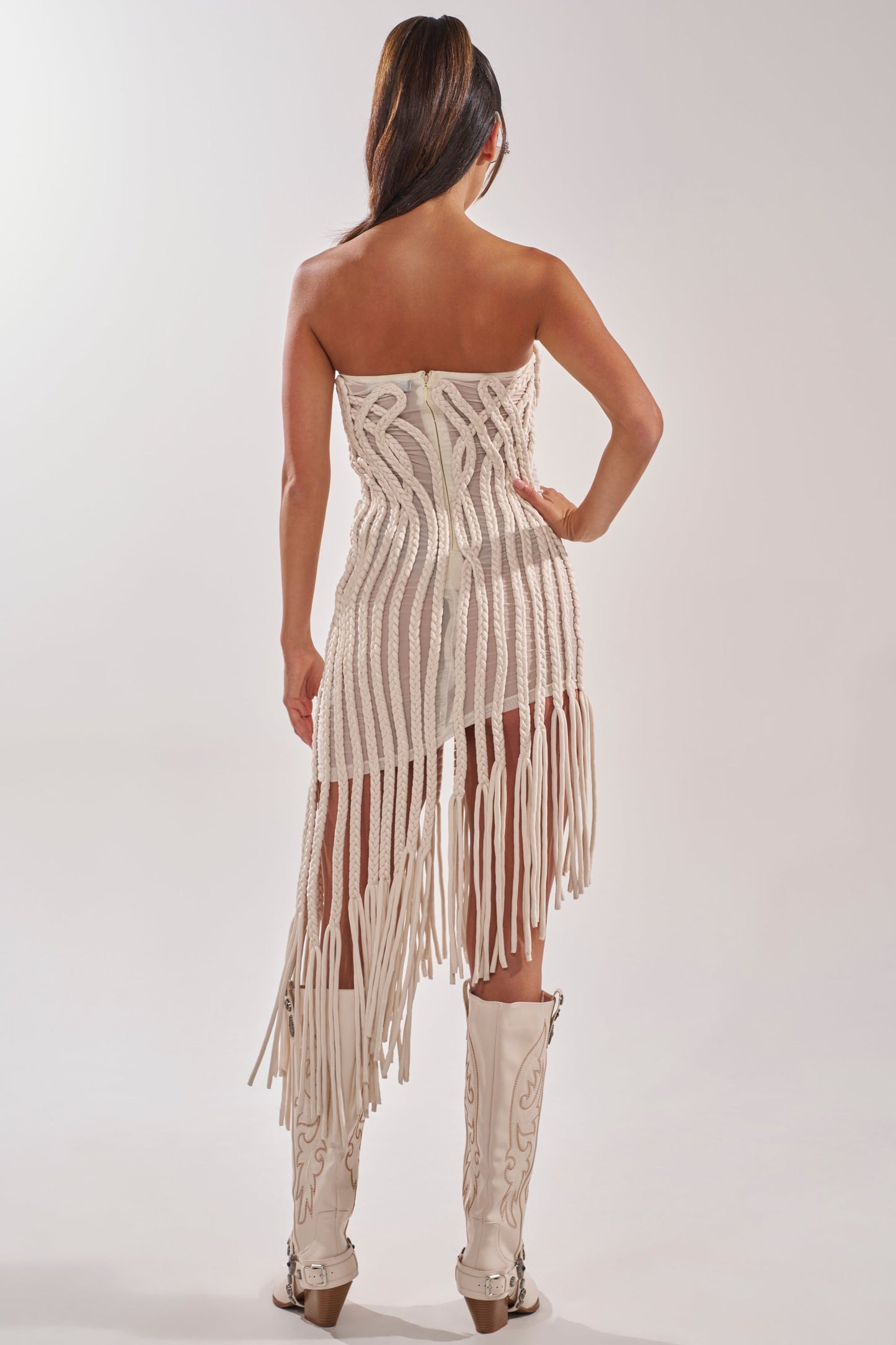 ALL OVER THE PLACE BRAIDED MIDI DRESS IN IVORY