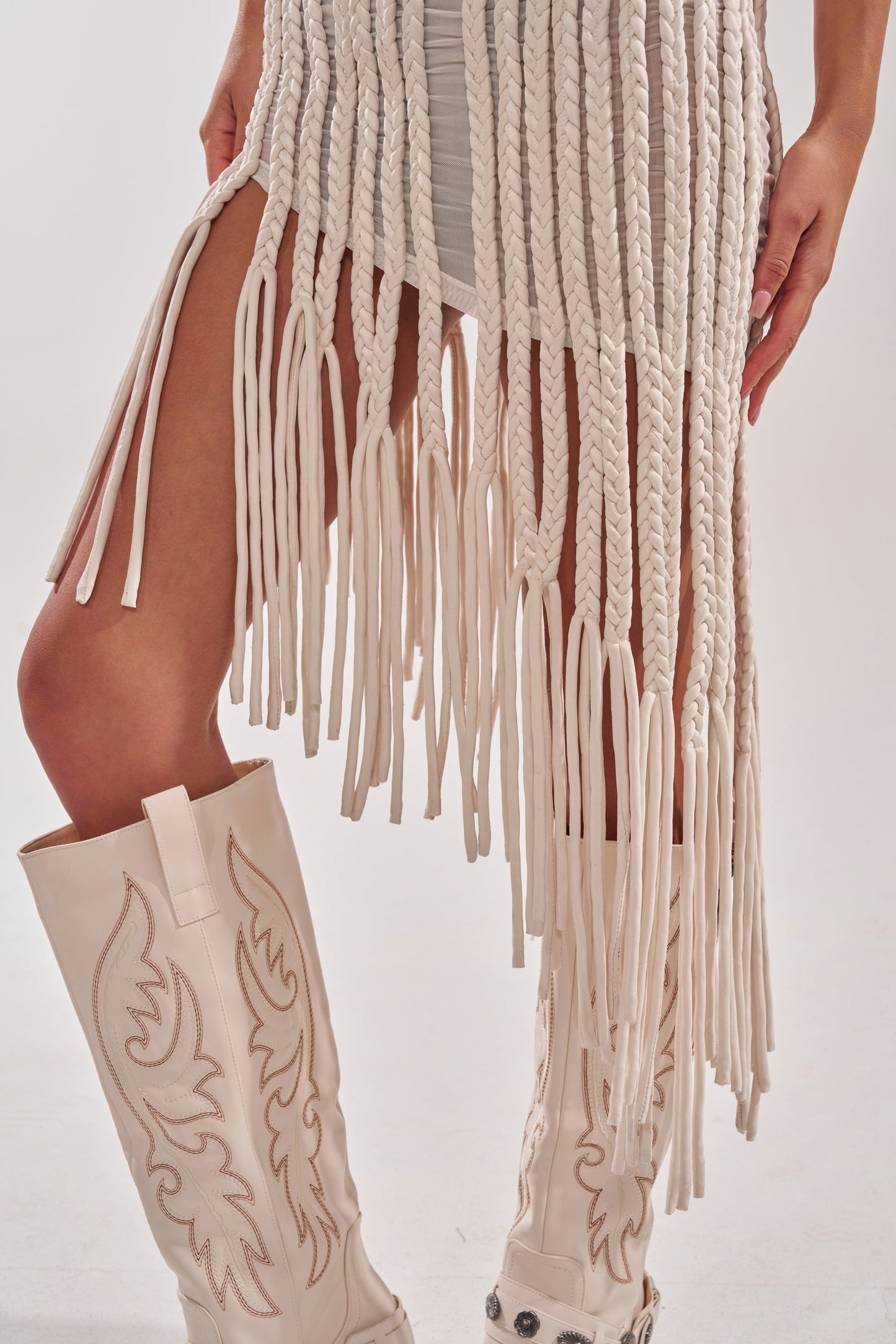 ALL OVER THE PLACE BRAIDED MIDI DRESS IN IVORY