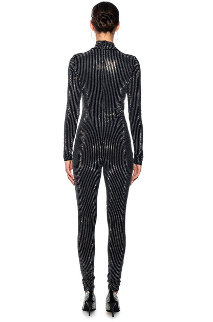 ALL ABOUT ME STRIPED RHINESTONE JUMPSUIT