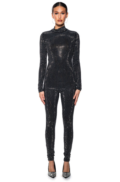 ALL ABOUT ME STRIPED RHINESTONE JUMPSUIT