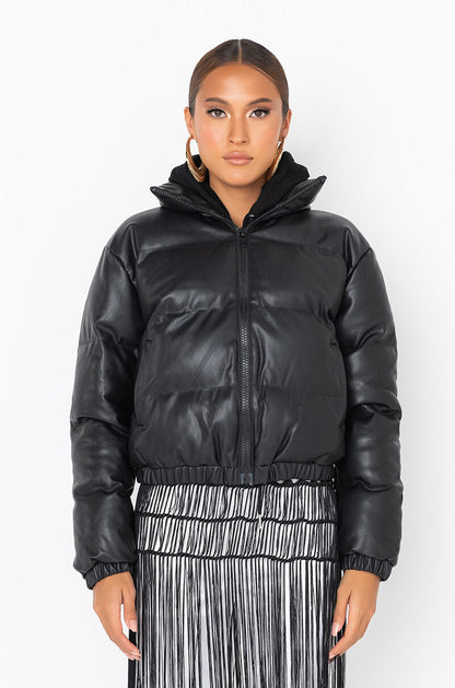ALL BLACK PLEATHER PUFFER JACKET