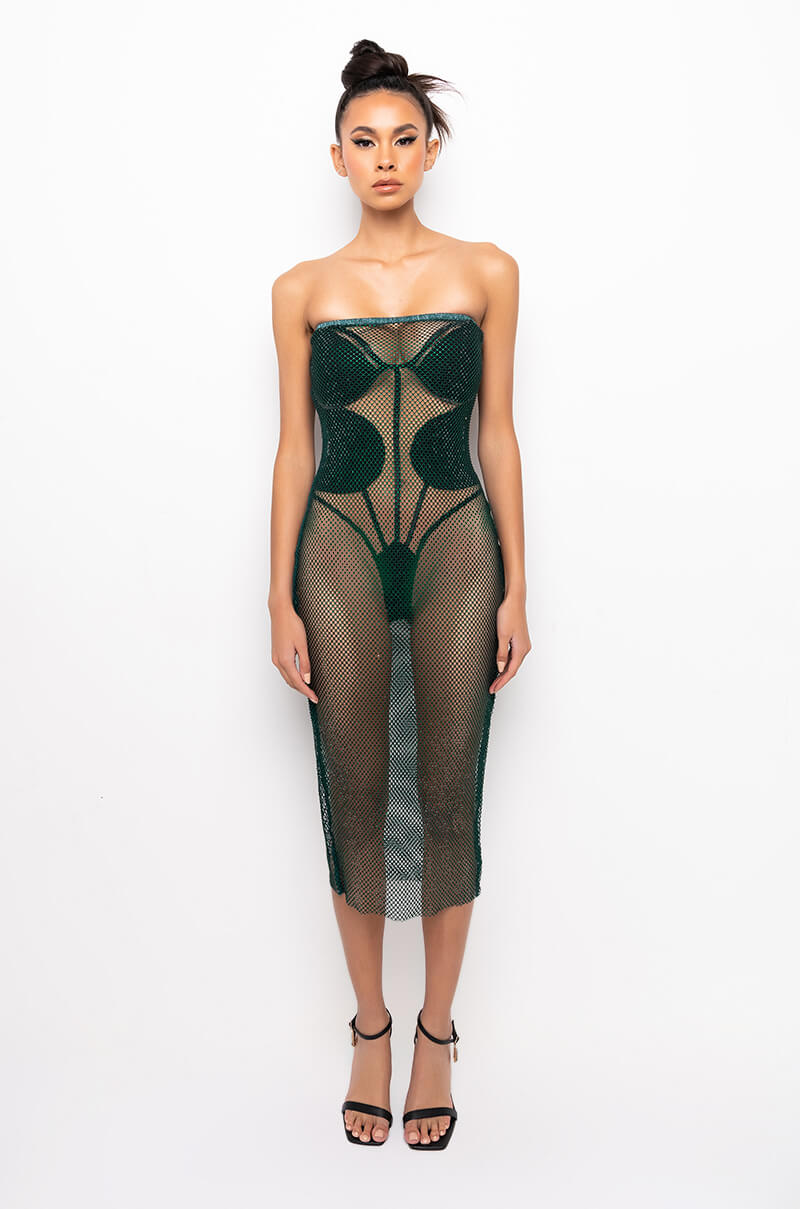 ALL DAY BABY RHINESTONE MESH TUBE DRESS DARK GREEN
