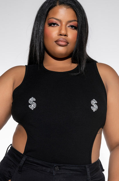 ALL I SEE IS SIGNS CUTOUT EMBELLISHED CREW NECK BODYSUIT