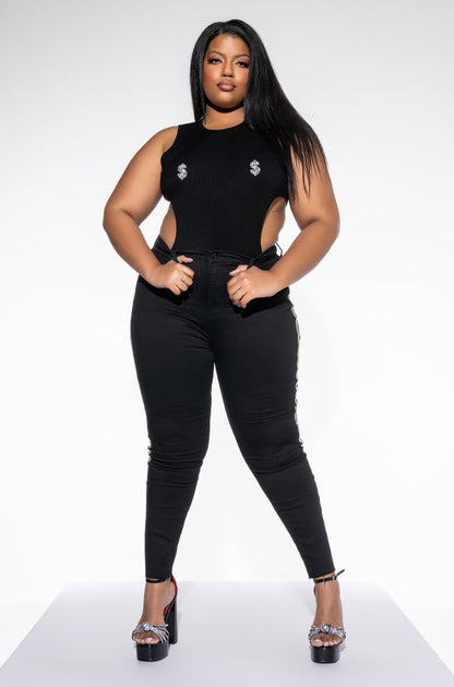 ALL I SEE IS SIGNS CUTOUT EMBELLISHED CREW NECK BODYSUIT